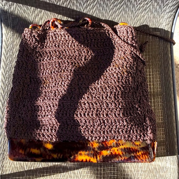 Carrie Forbes Brown Macrame Crochet Woven Tortoise Shell Backpack - Picture 2 of 12